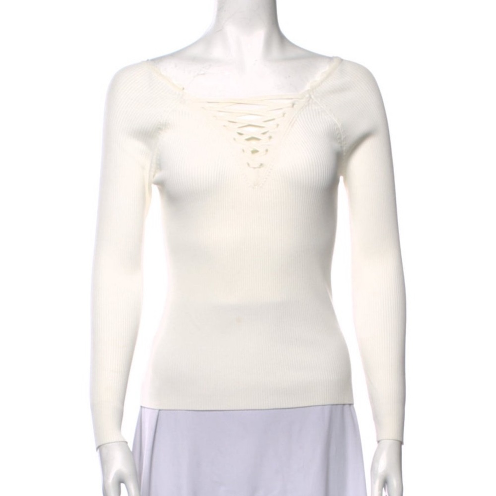 Sandro White Ribbed Stretch Lace Up Long Sleeve Top size S
